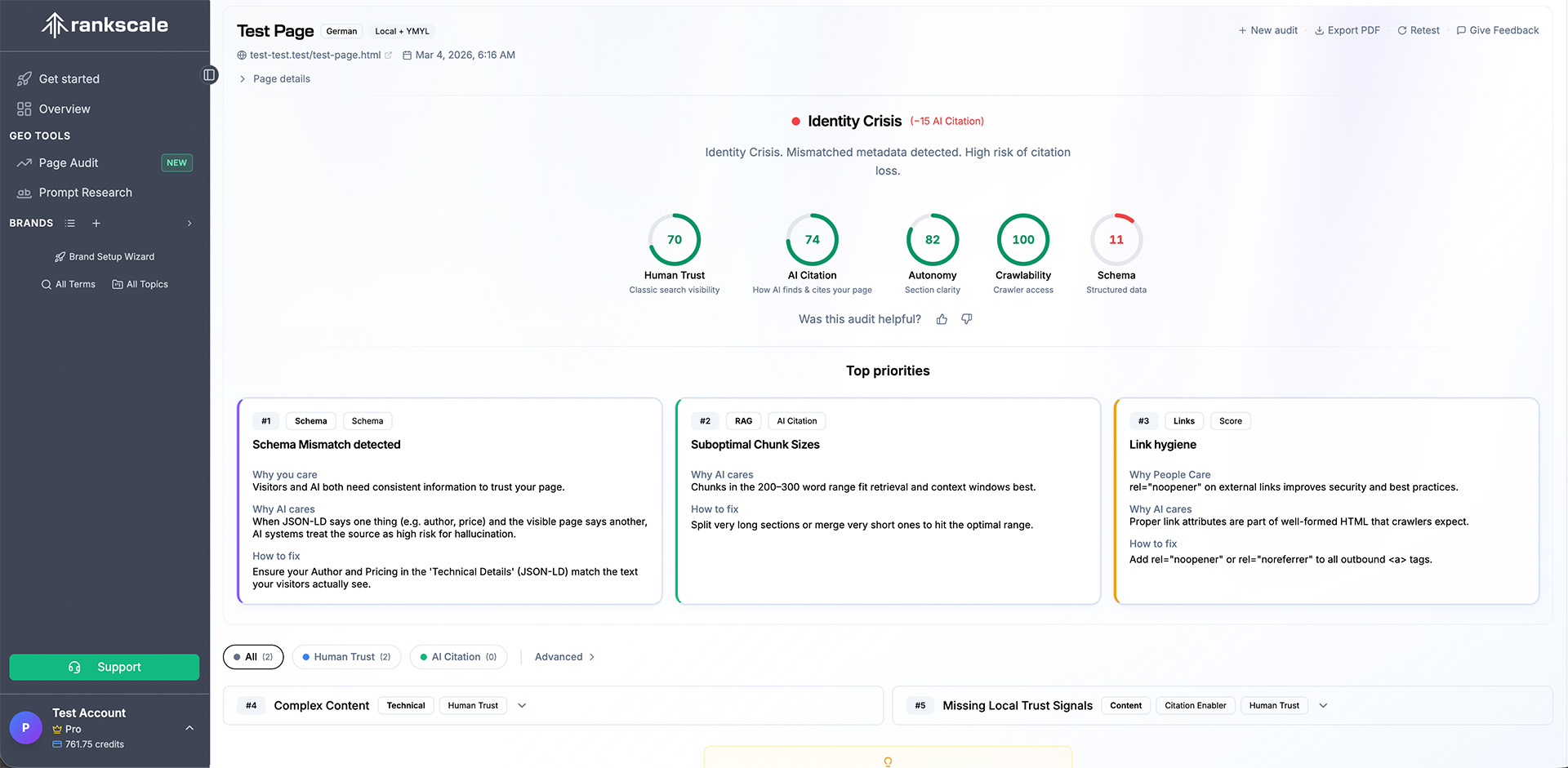 AI page audit readiness dashboard in Rankscale with crawlability and SEO factors