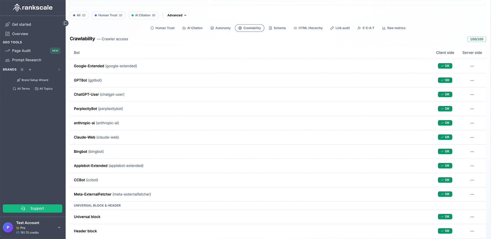 AI page audit crawlability results in Rankscale evaluating AI readiness, SEO, schema, and citation factors